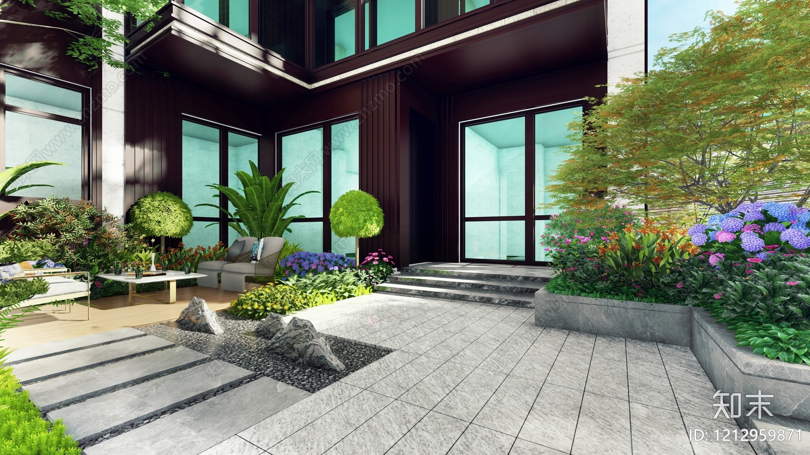 新中式别墅庭院SU模型下载【ID:1212959871】