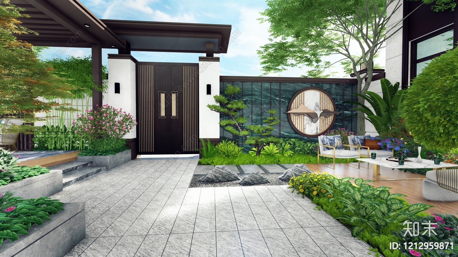 新中式别墅庭院SU模型下载【ID:1212959871】