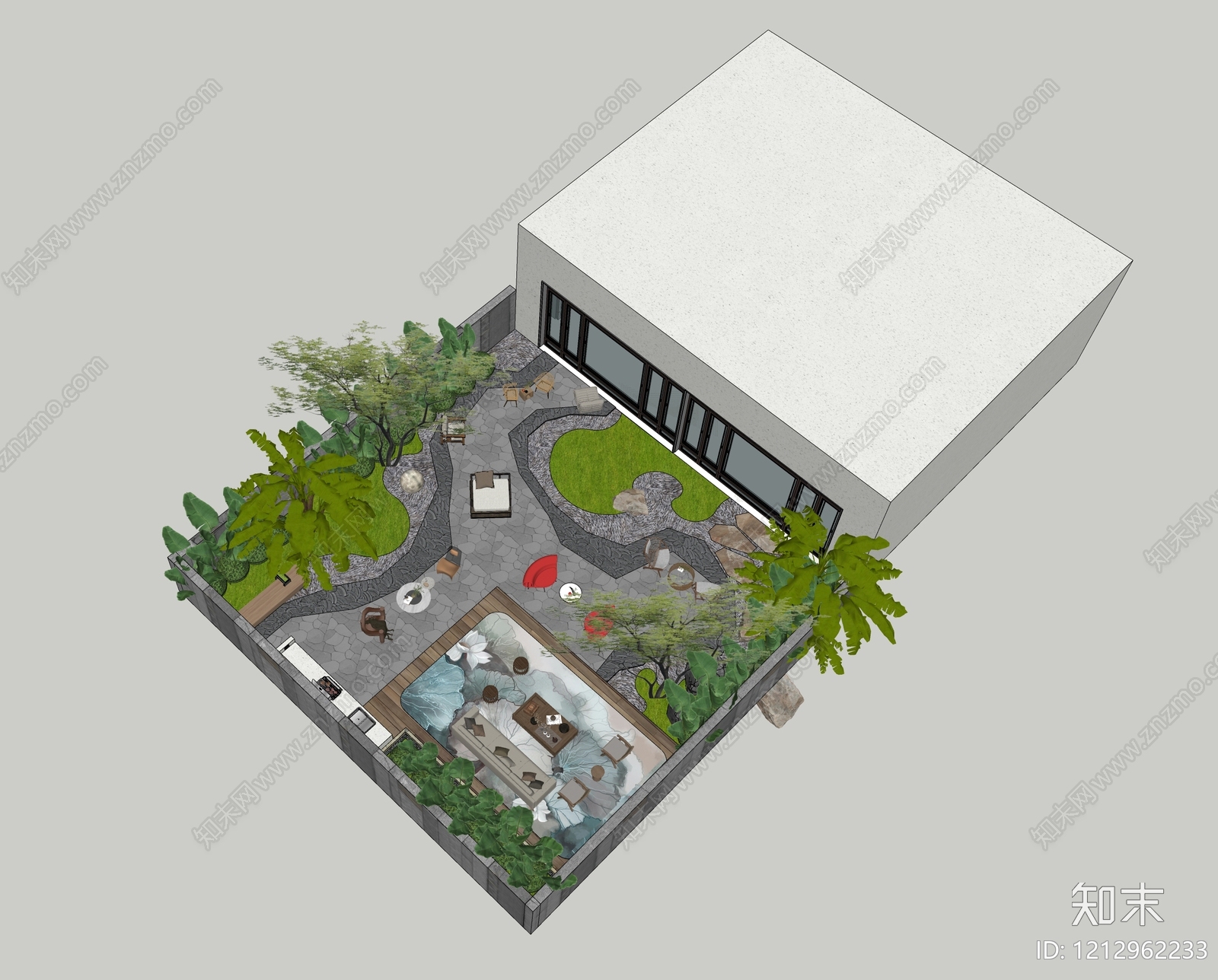 新中式别墅庭院SU模型下载【ID:1212962233】