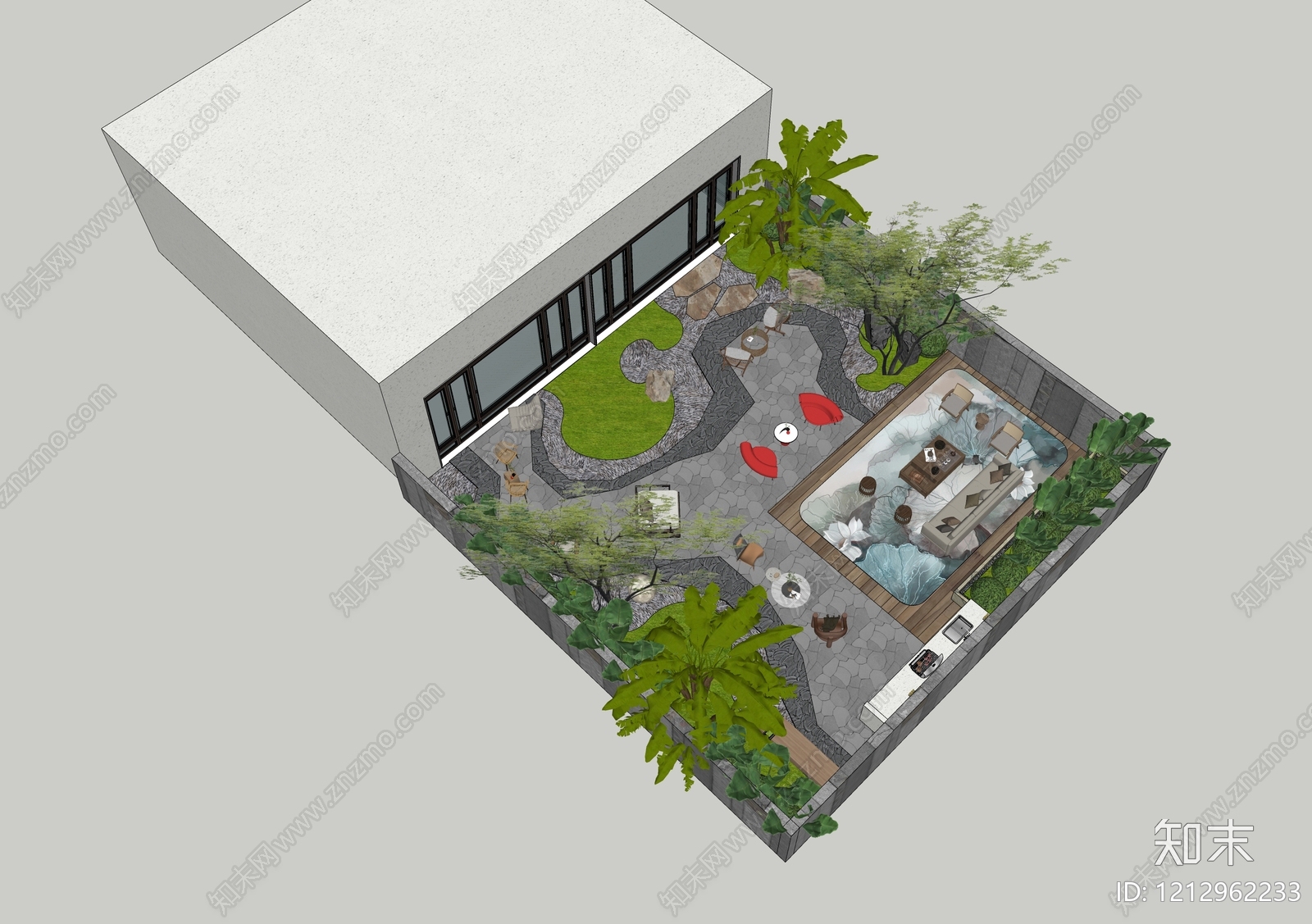 新中式别墅庭院SU模型下载【ID:1212962233】