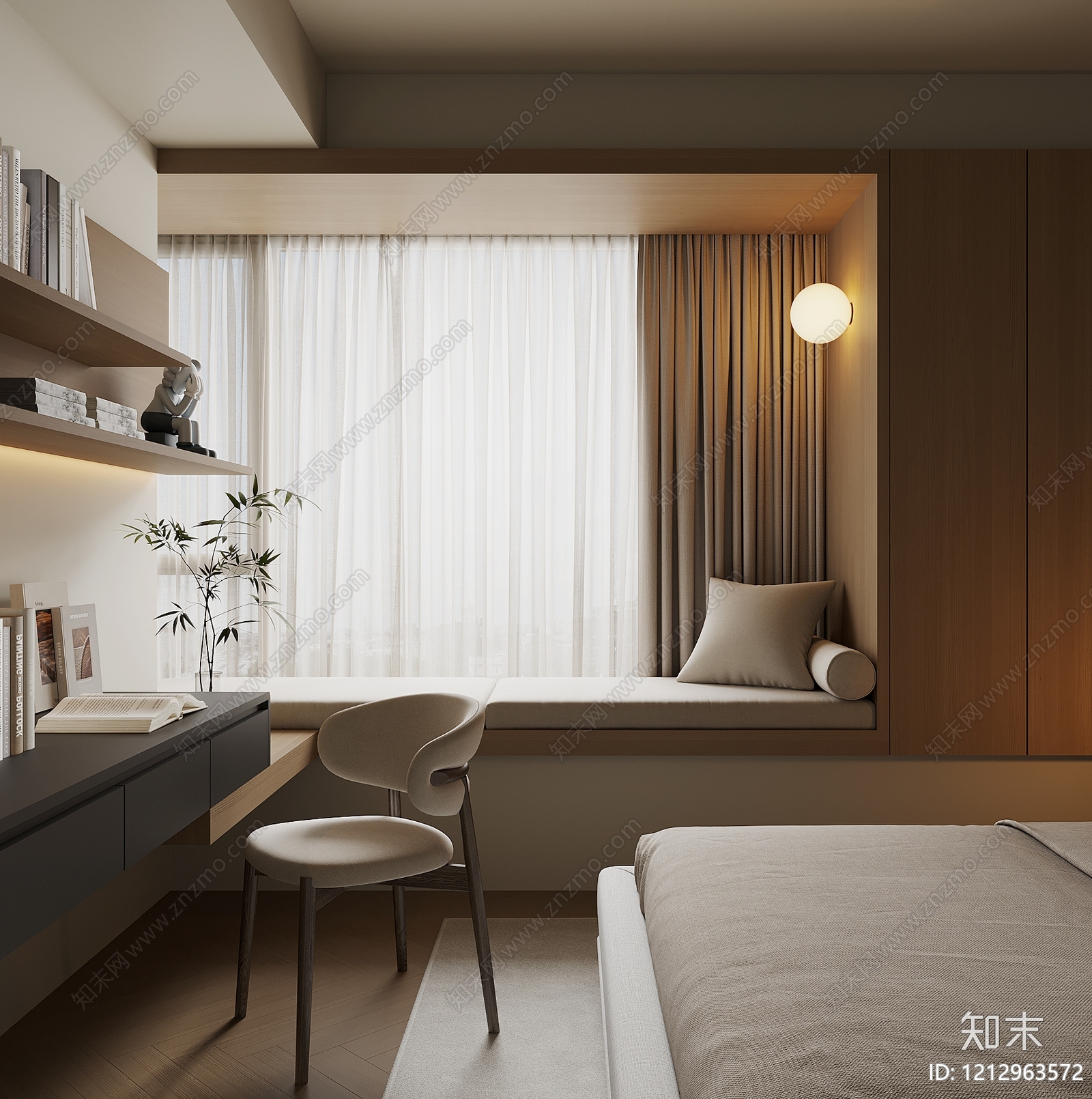 日式原木风飘窗柜3D模型下载【ID:1212963572】