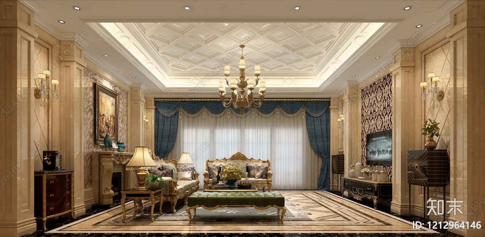 欧式古典别墅客厅3D模型下载【ID:1212964146】