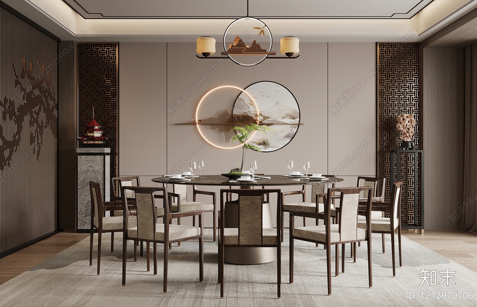 新中式圆桌餐厅3D模型下载【ID:1212970706】