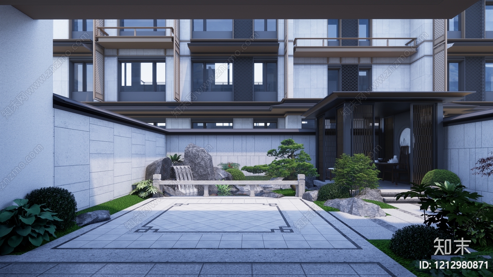 新中式景观别墅庭院SU模型下载【ID:1212980871】