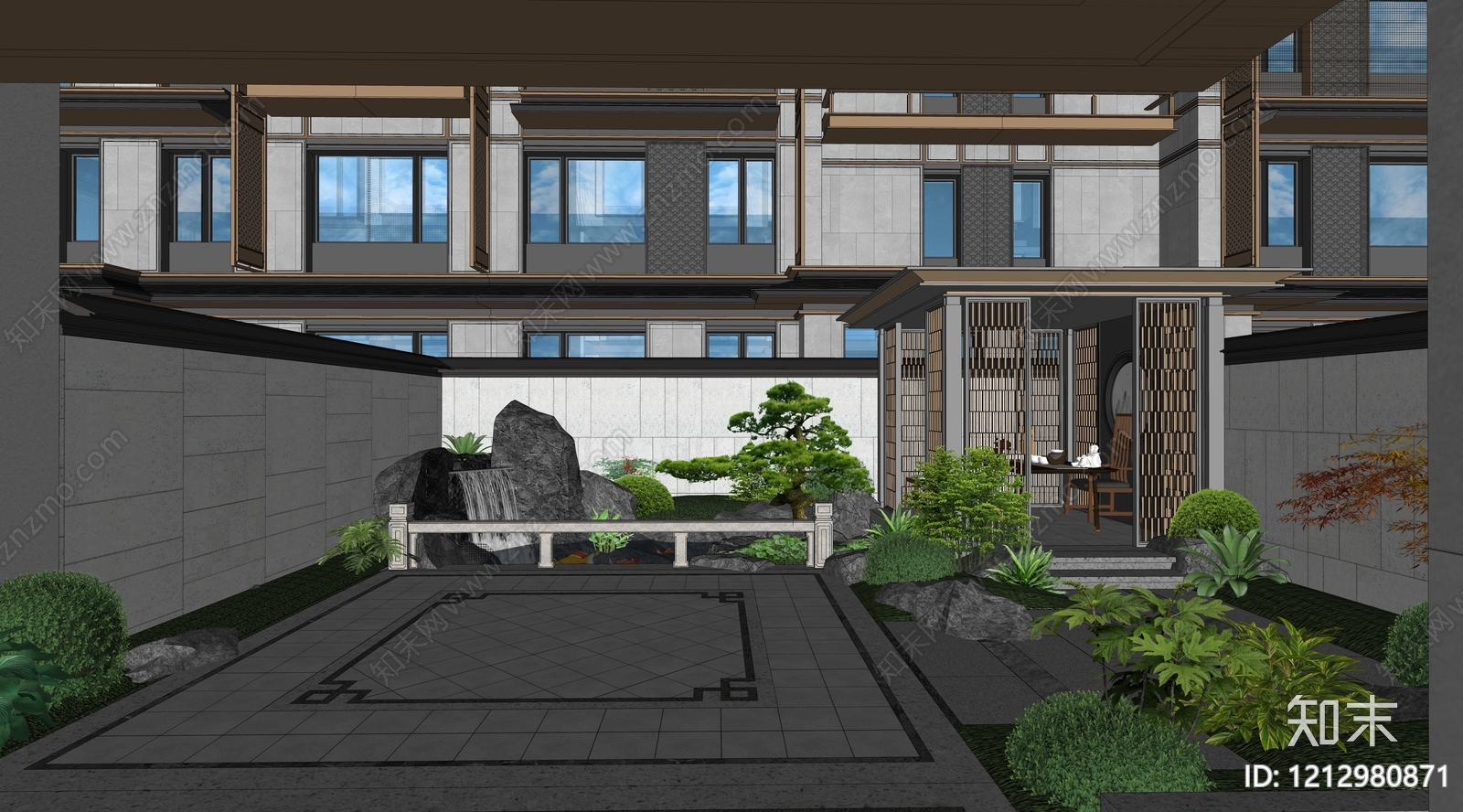 新中式景观别墅庭院SU模型下载【ID:1212980871】