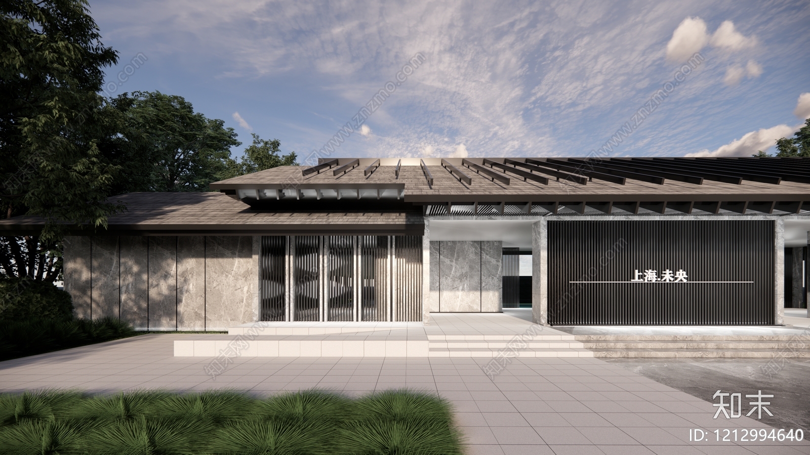 新中式售楼处建筑SU模型下载【ID:1212994640】