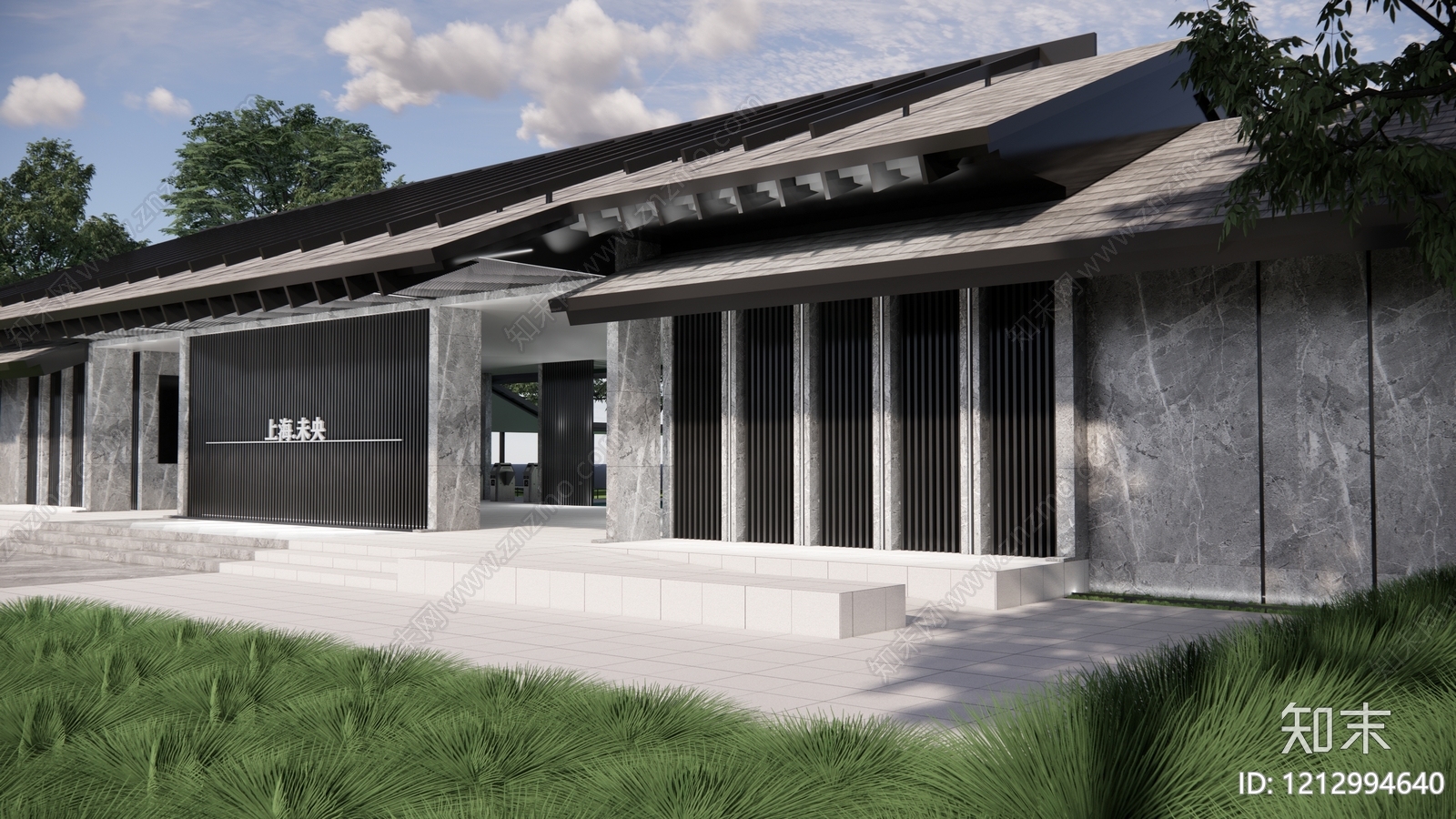 新中式售楼处建筑SU模型下载【ID:1212994640】
