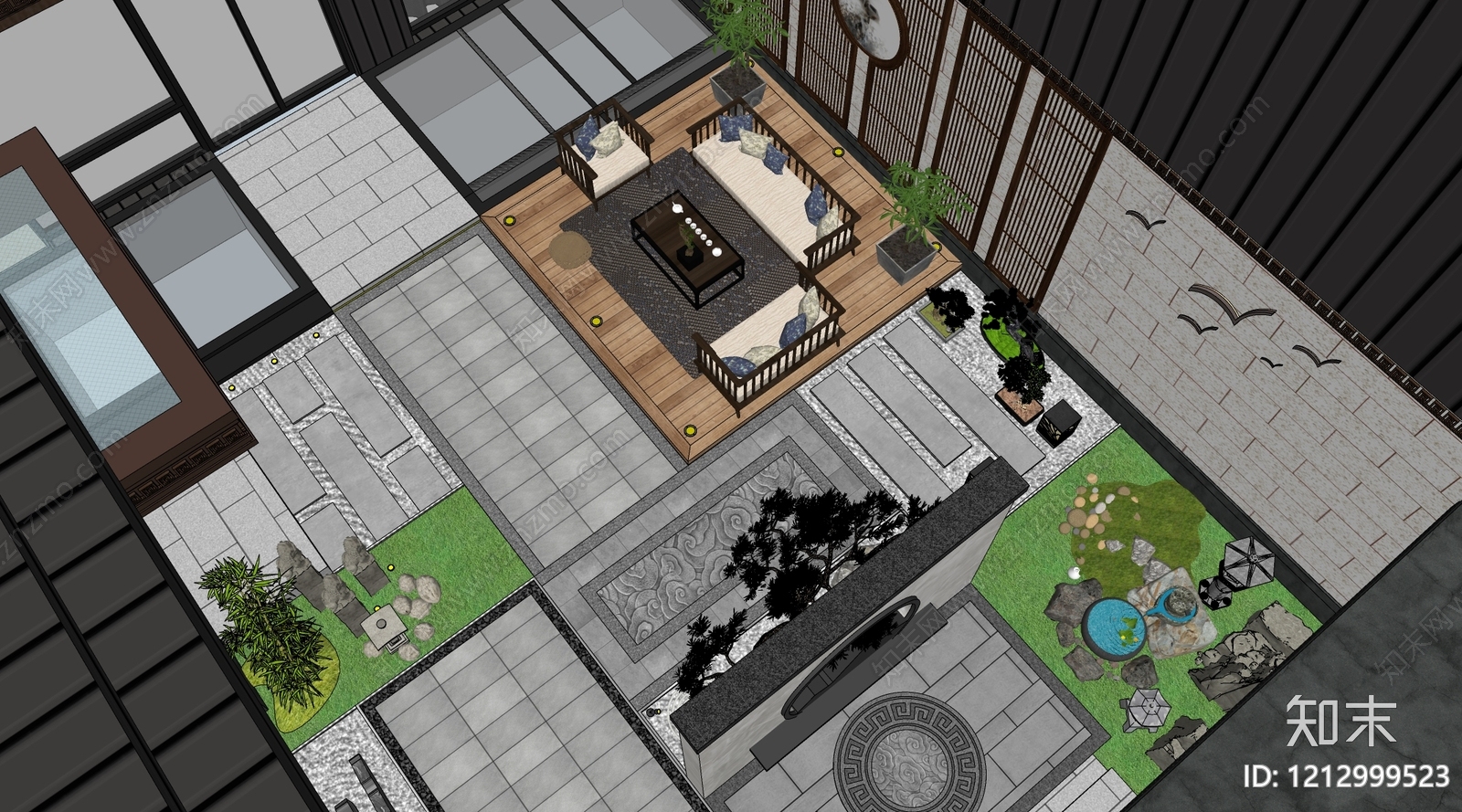 新中式别墅庭院SU模型下载【ID:1212999523】