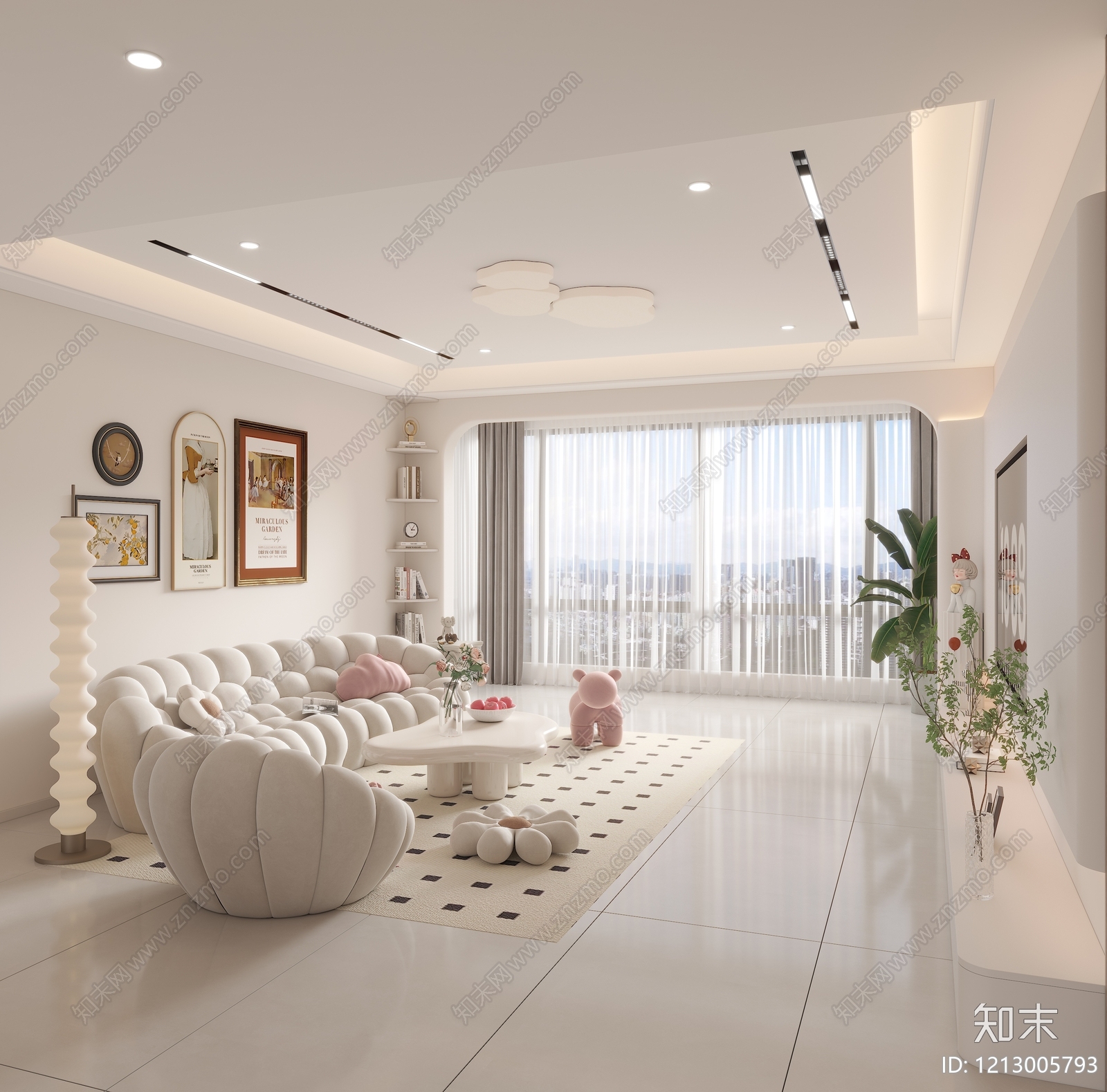 奶油风大平层客餐厅3D模型下载【ID:1213005793】