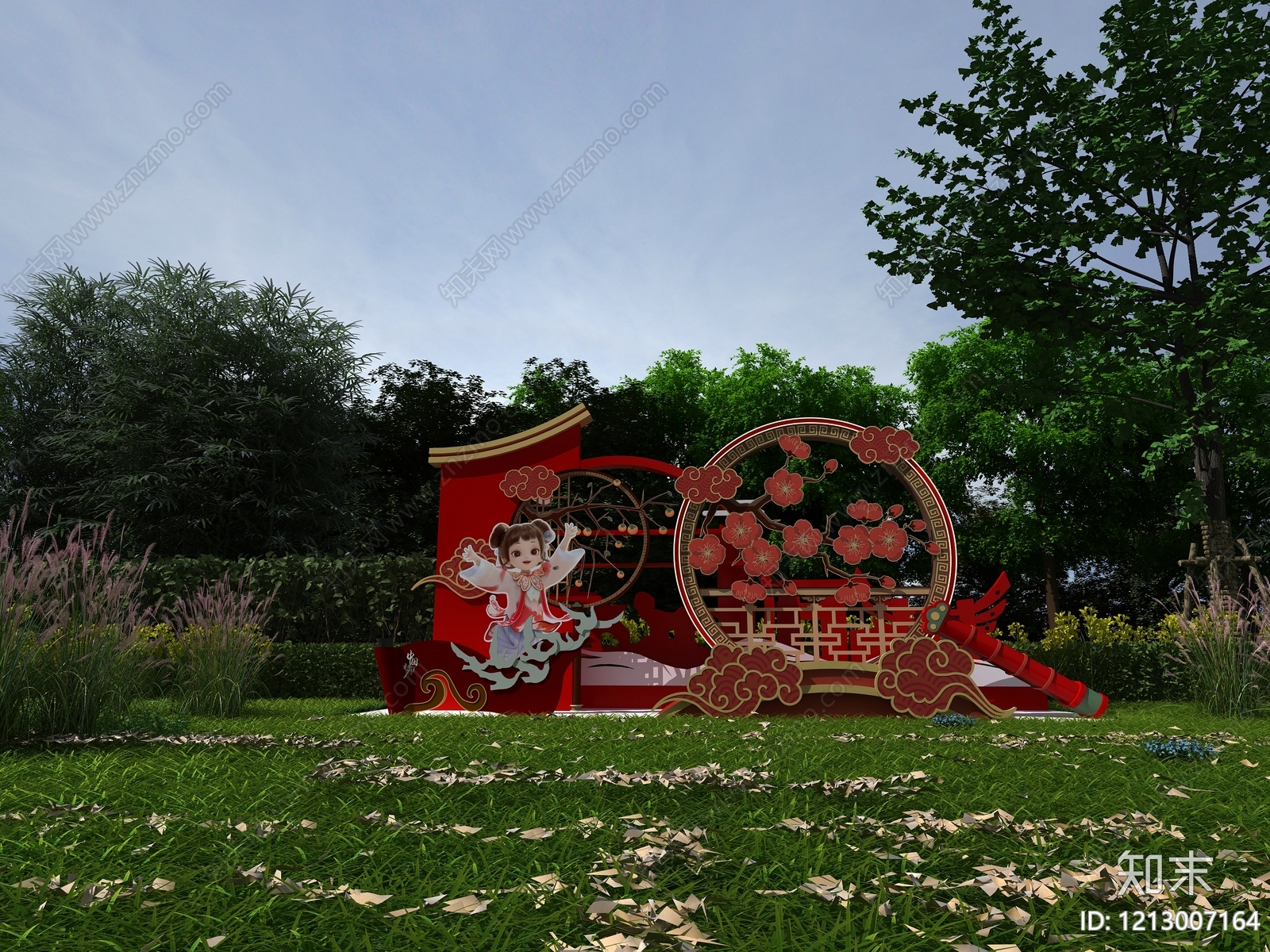 新中式公园绿地装置3D模型下载【ID:1213007164】