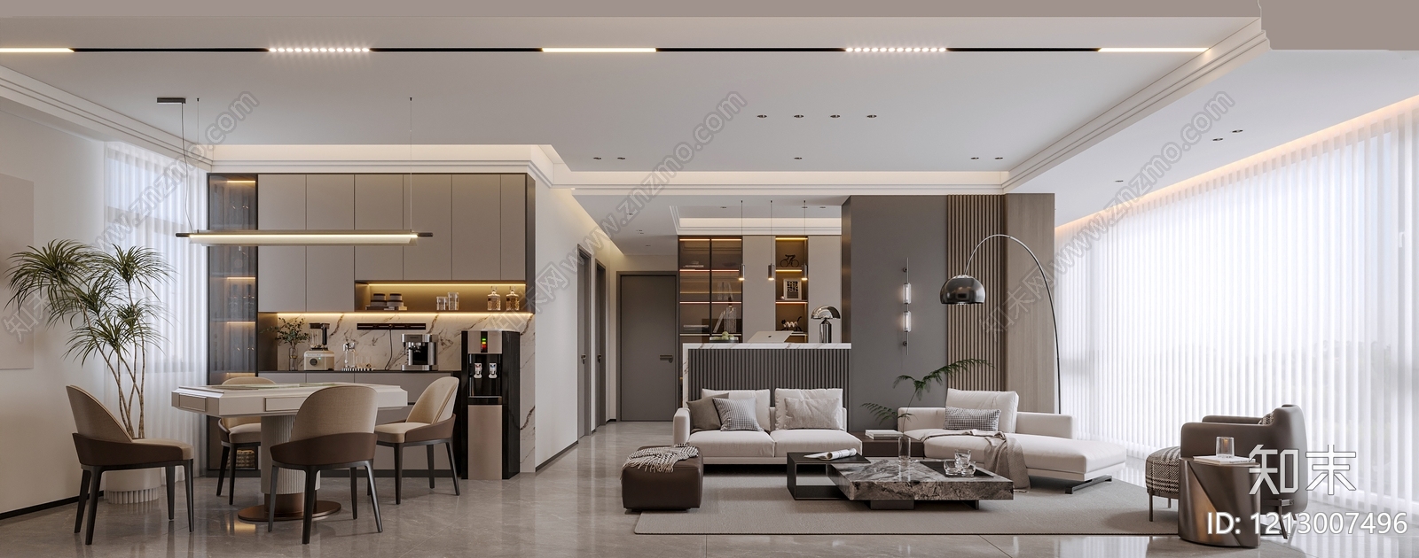 现代简约大平层客餐厅3D模型下载【ID:1213007496】