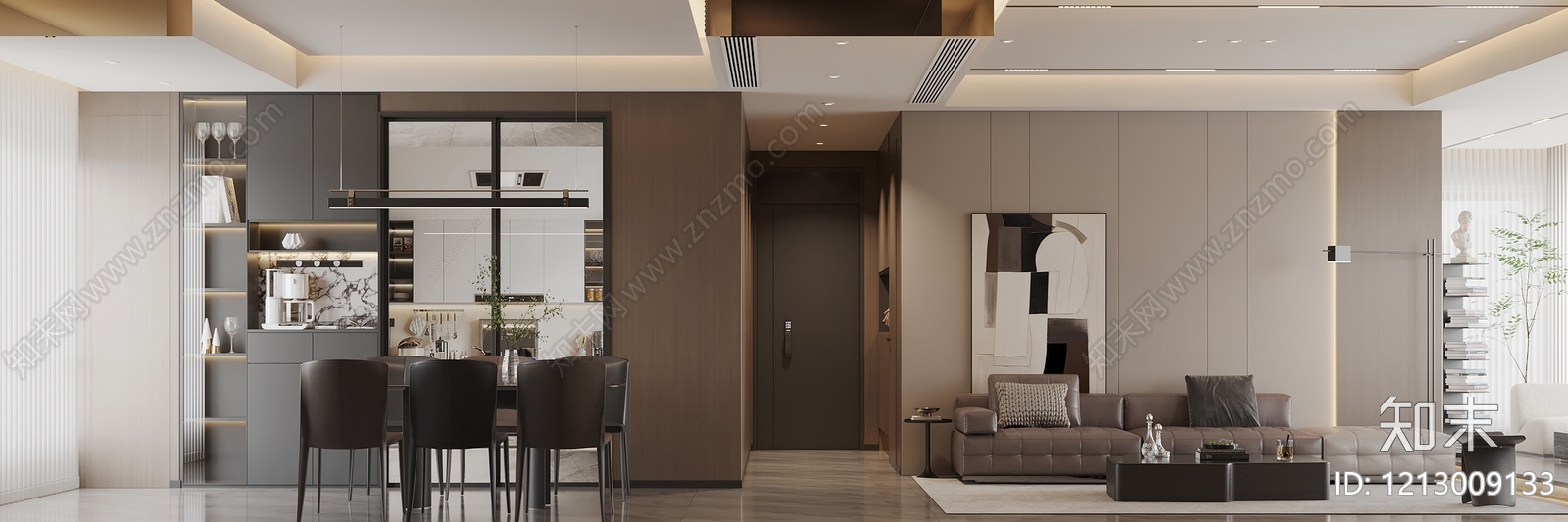 现代简约大平层客餐厅3D模型下载【ID:1213009133】