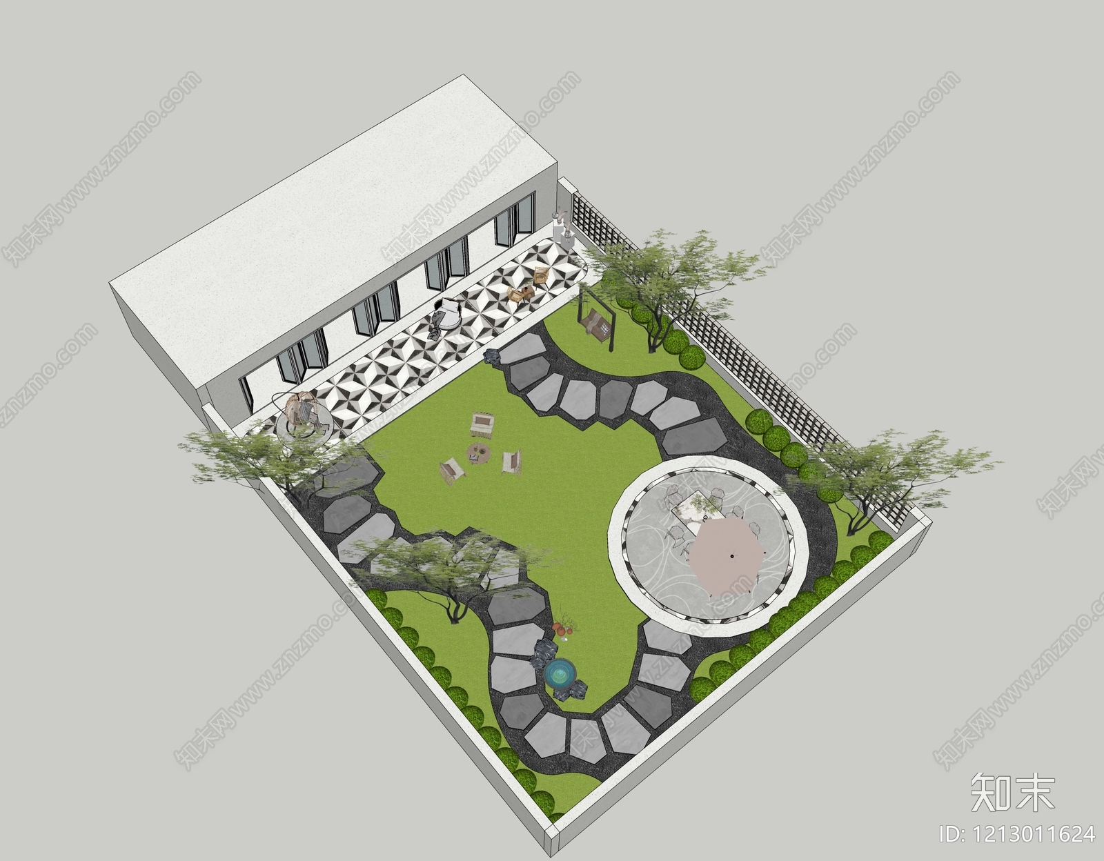 现代简约别墅庭院SU模型下载【ID:1213011624】