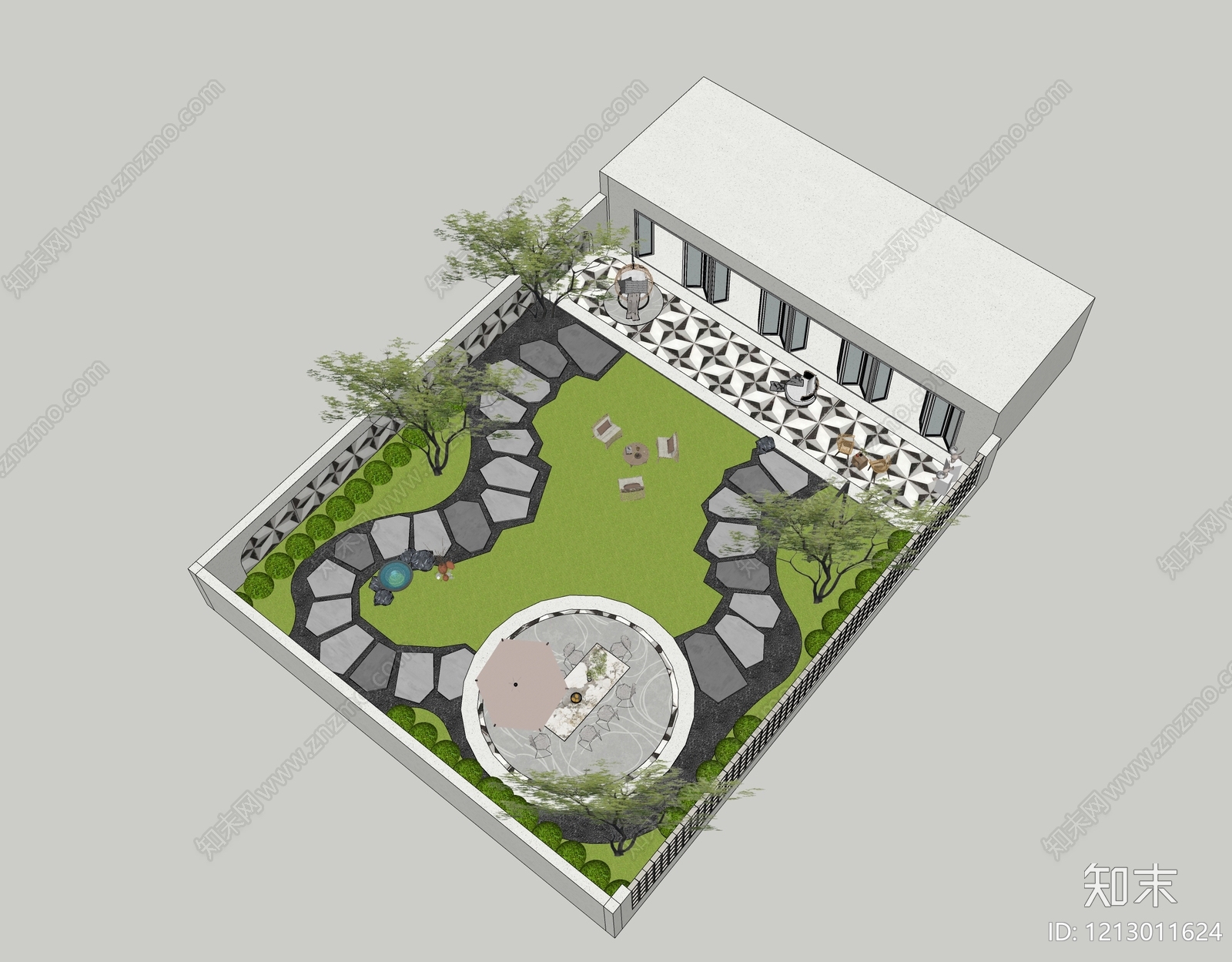 现代简约别墅庭院SU模型下载【ID:1213011624】