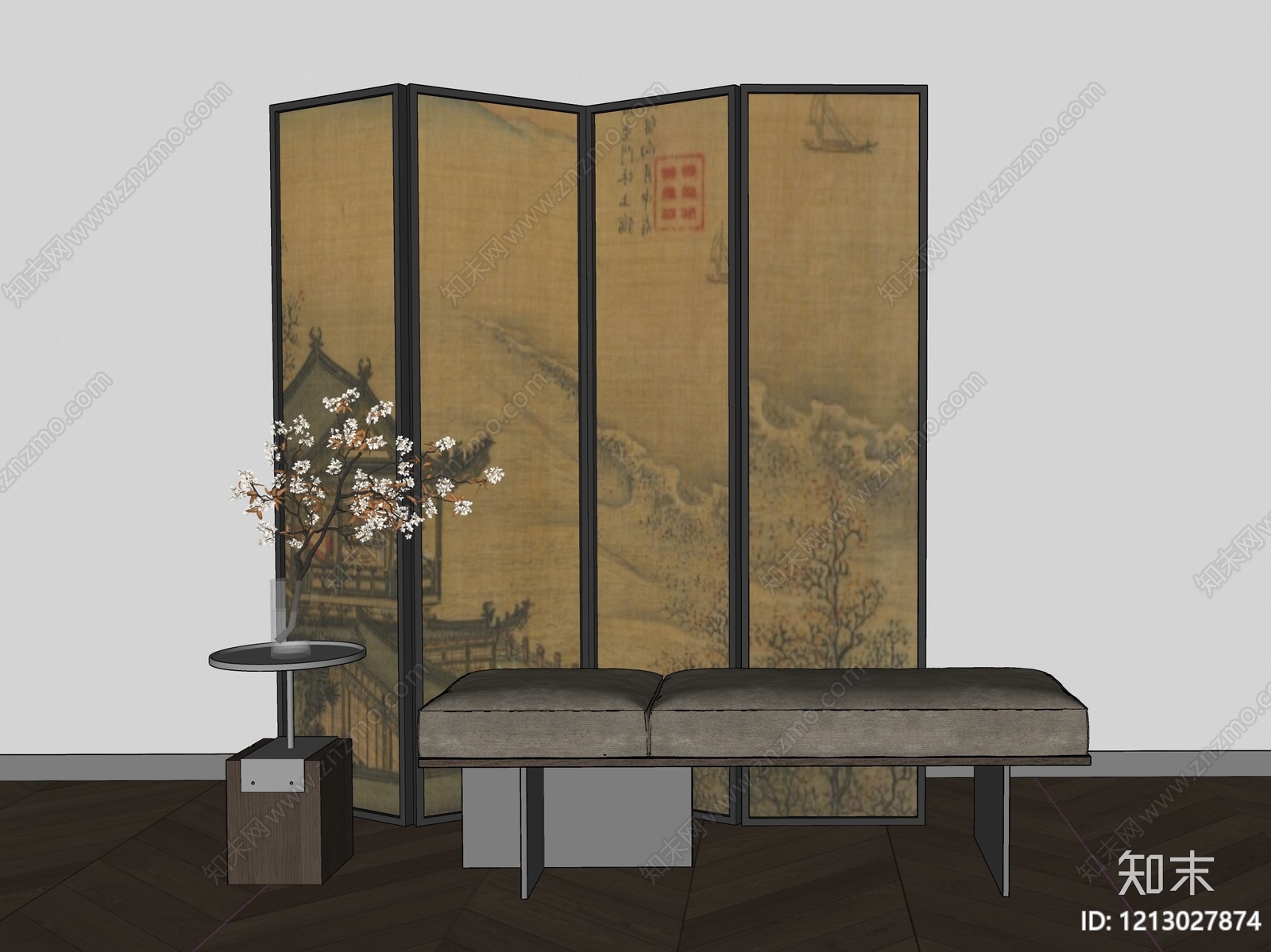 新中式床尾凳SU模型下载【ID:1213027874】