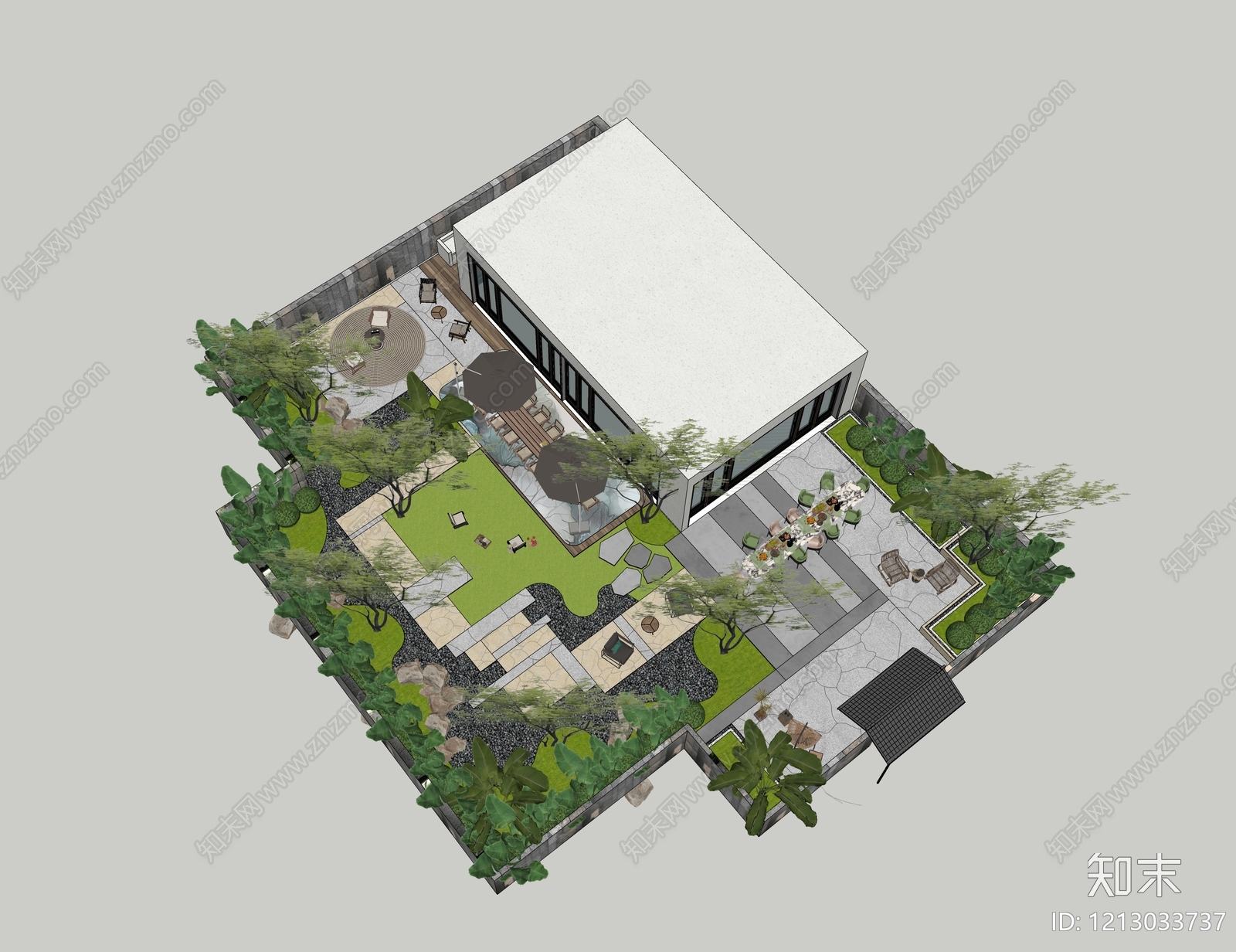 新中式别墅庭院SU模型下载【ID:1213033737】