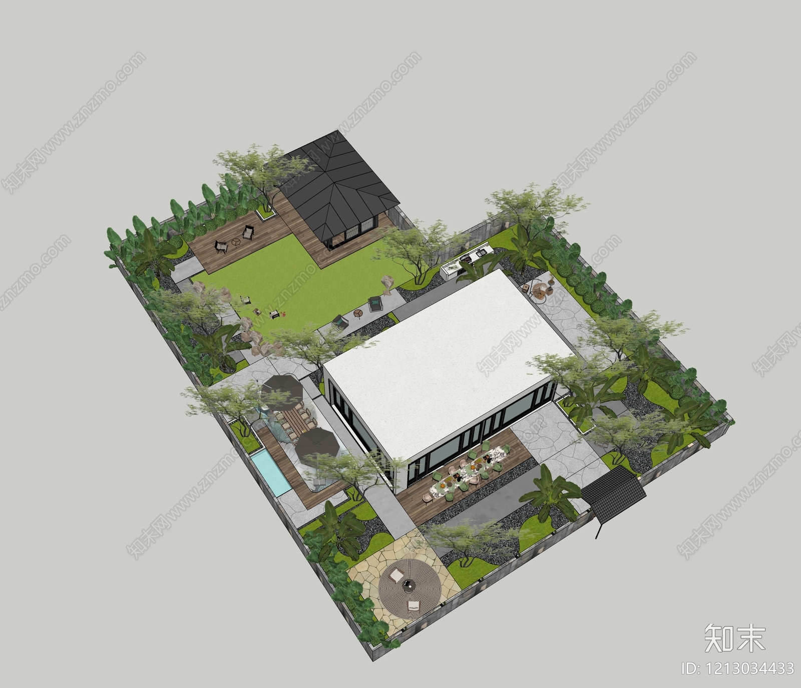 新中式别墅庭院SU模型下载【ID:1213034433】