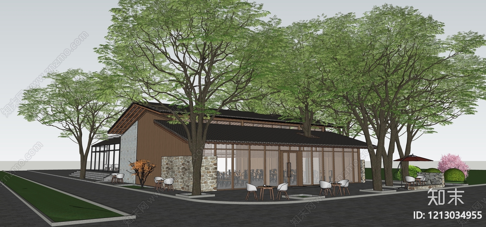 新中式餐饮建筑SU模型下载【ID:1213034955】