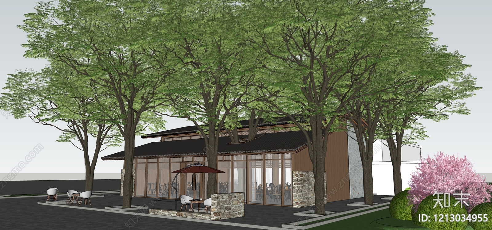 新中式餐饮建筑SU模型下载【ID:1213034955】