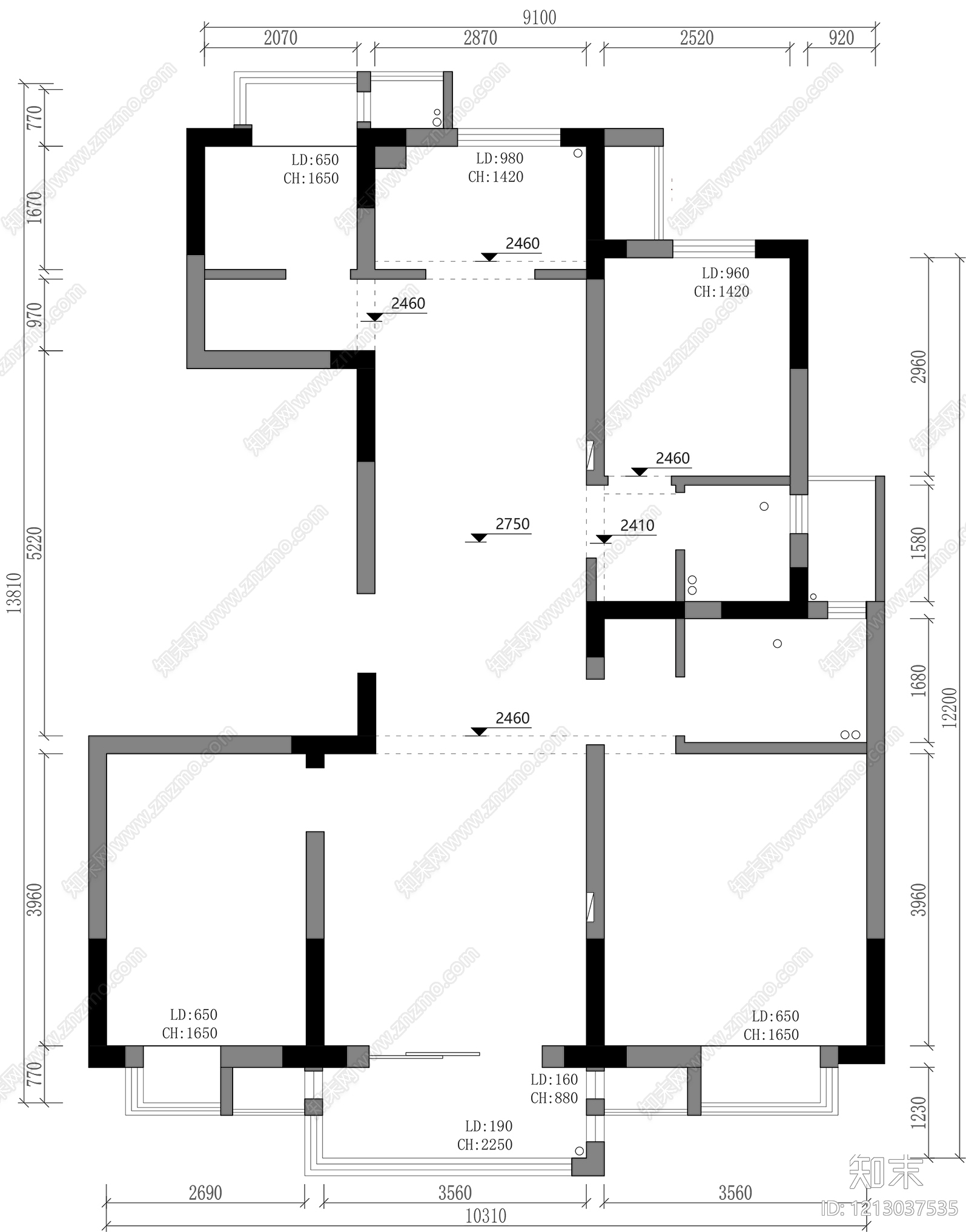 小户型平层cad施工图下载【ID:1213037535】