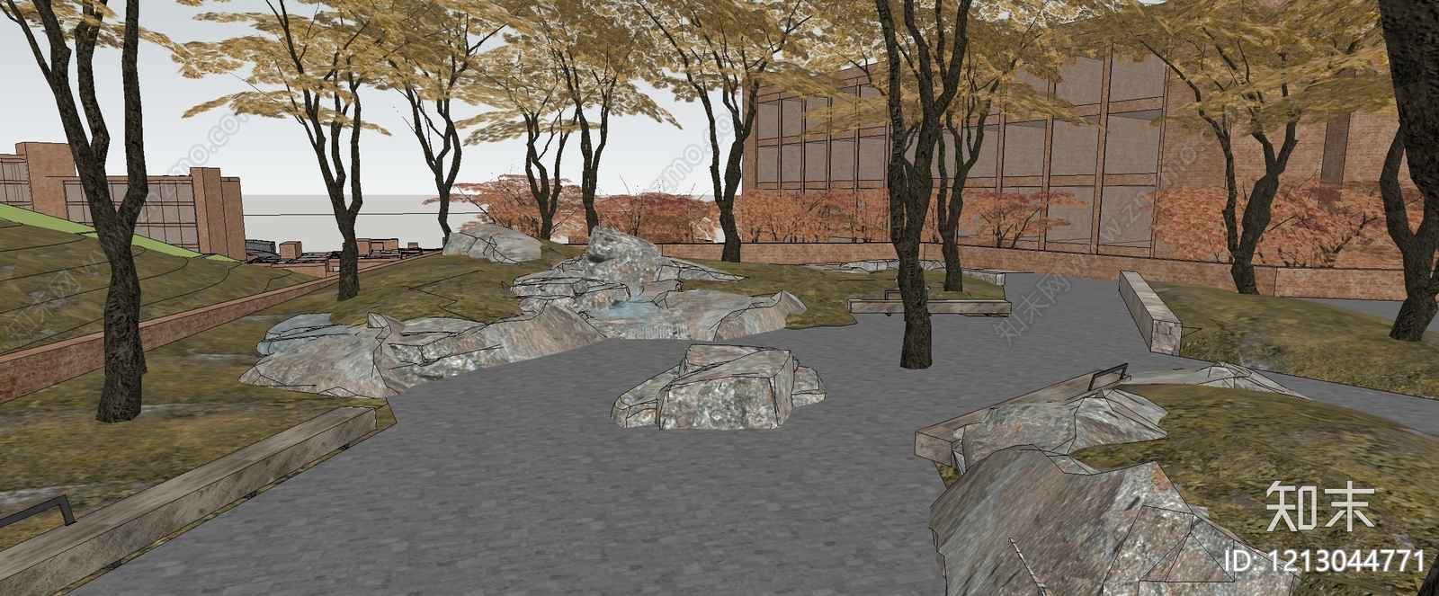 新中式景观办公园区景观SU模型下载【ID:1213044771】