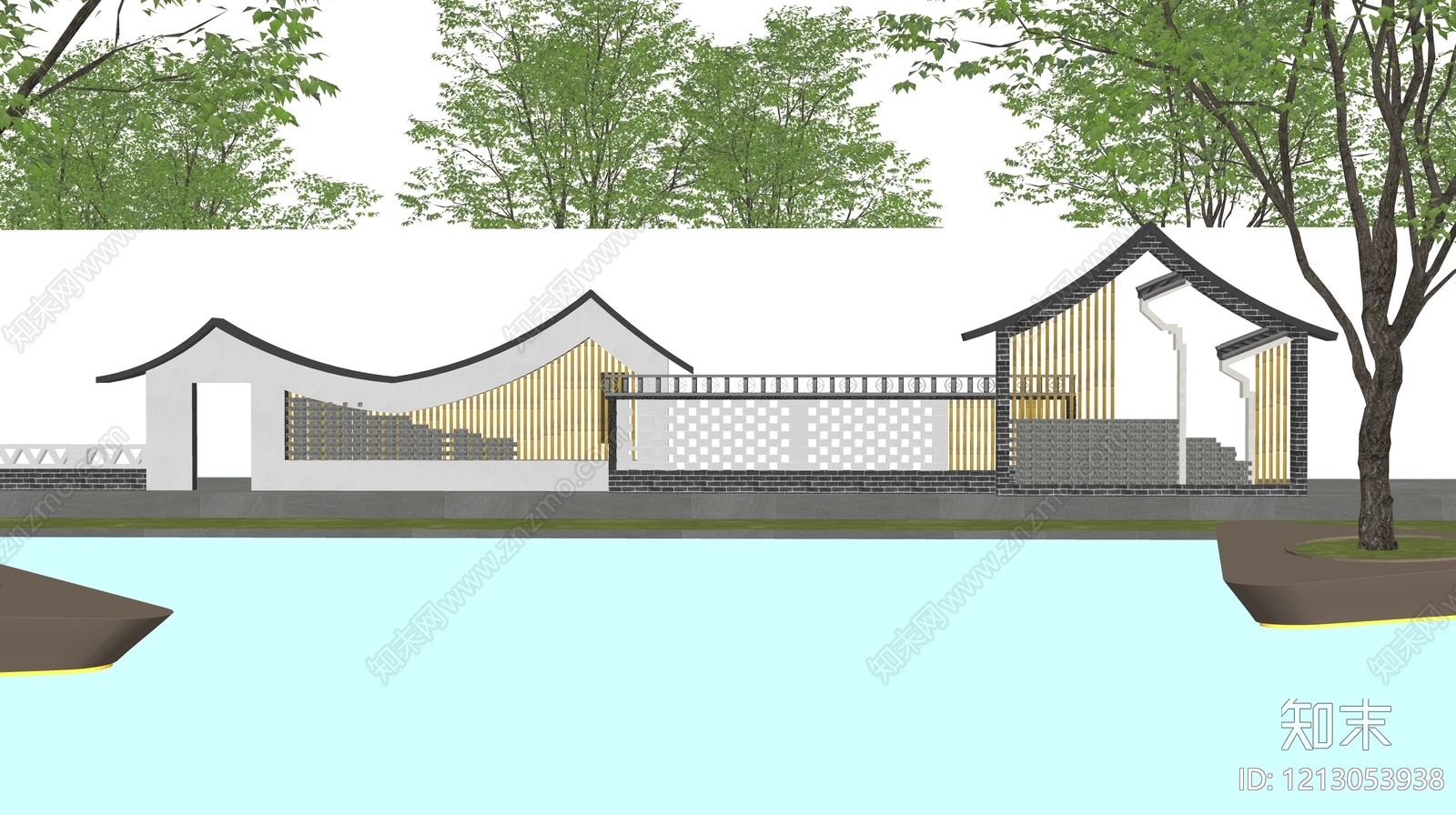 新中式景墙SU模型下载【ID:1213053938】