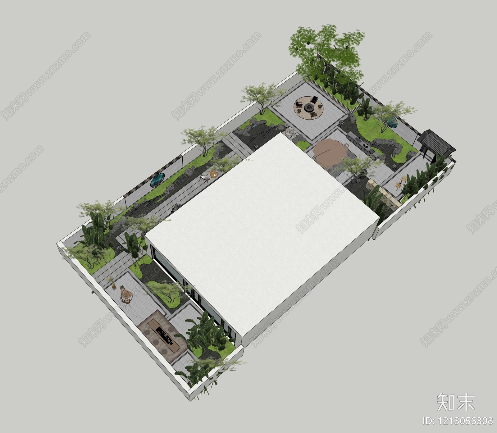 新中式别墅庭院SU模型下载【ID:1213056308】
