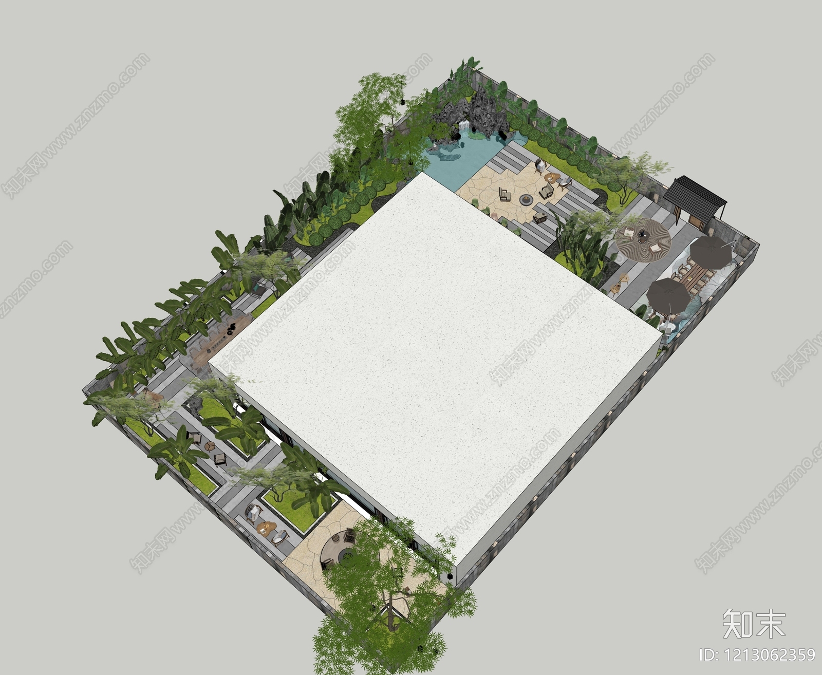 新中式别墅庭院SU模型下载【ID:1213062359】