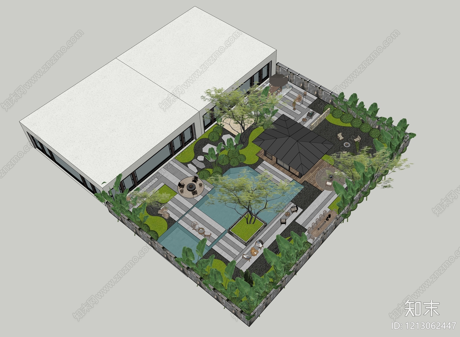新中式别墅庭院SU模型下载【ID:1213062447】