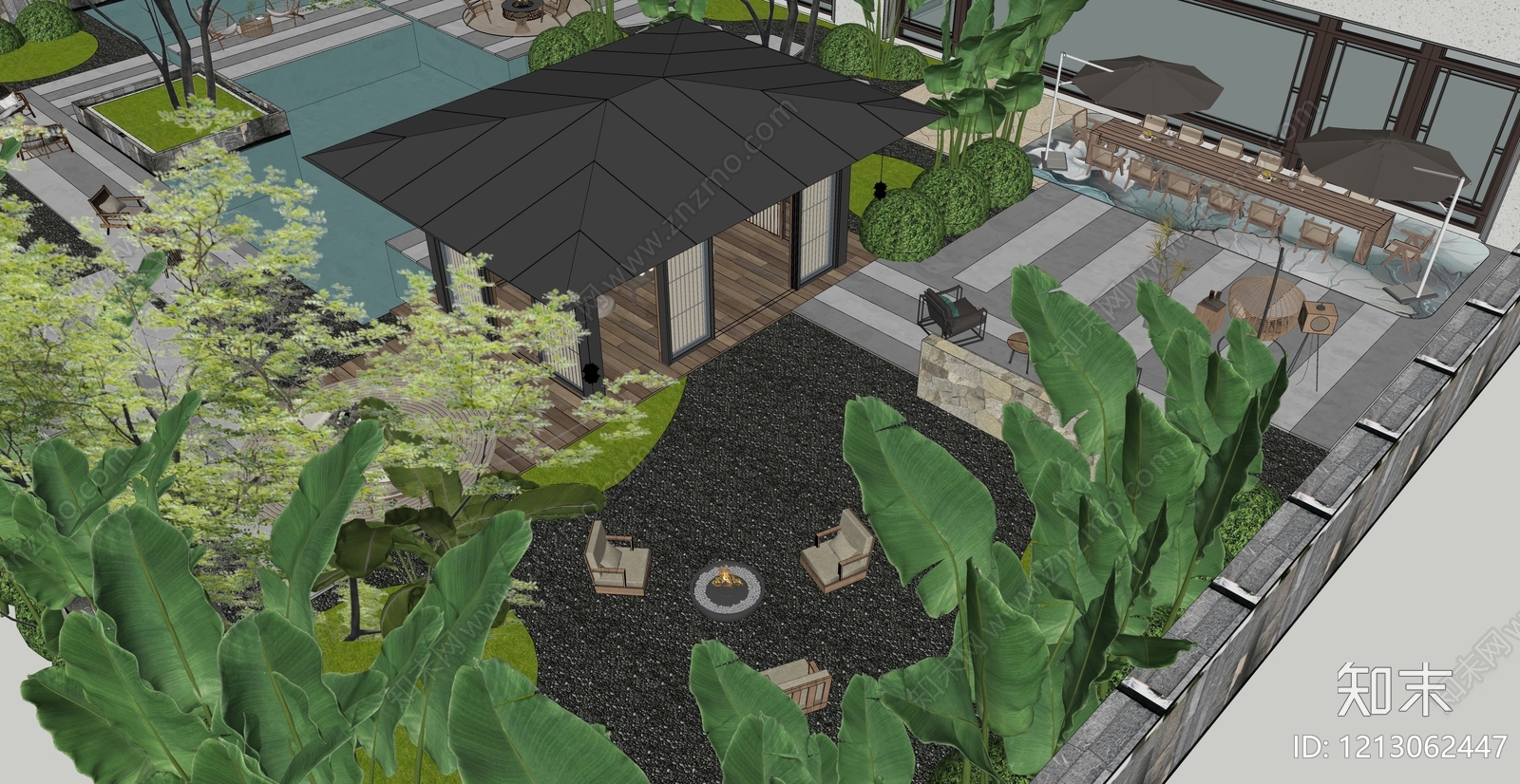 新中式别墅庭院SU模型下载【ID:1213062447】