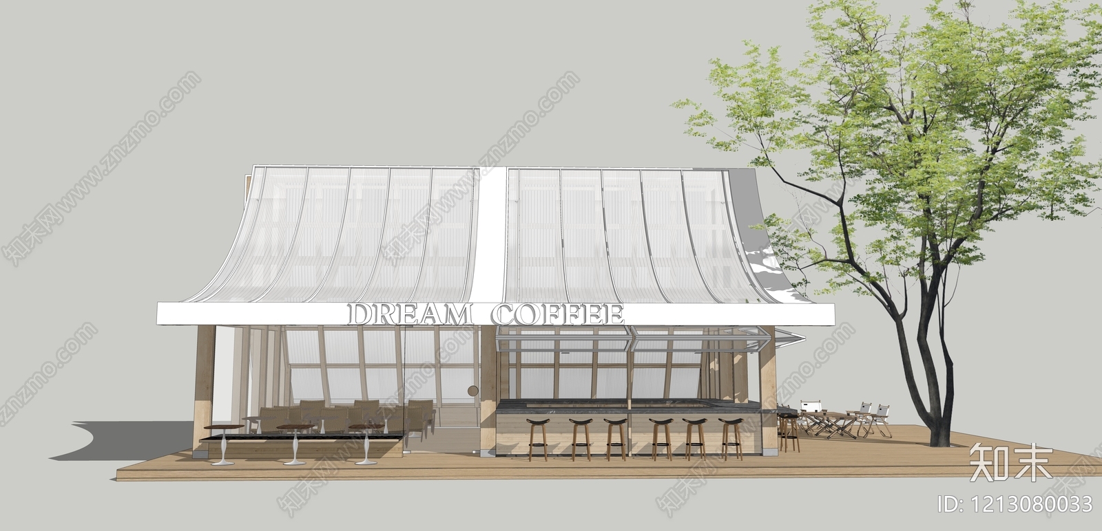 现代原木风餐饮建筑SU模型下载【ID:1213080033】