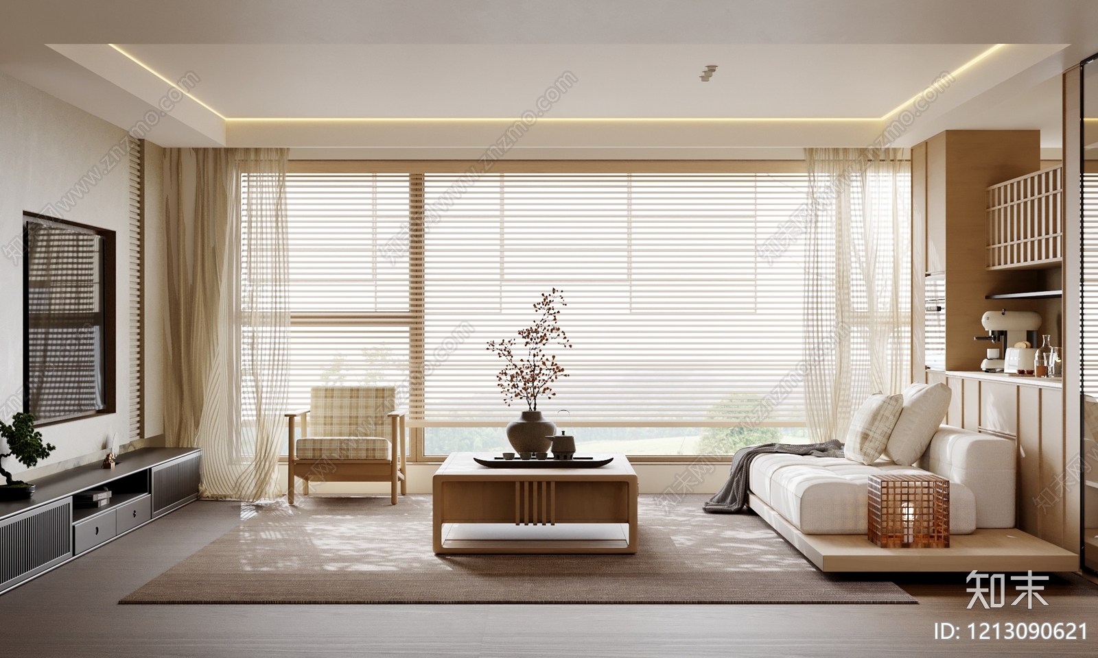 日式原木风家居客厅3D模型下载【ID:1213090621】