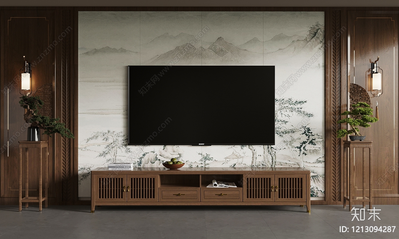 新中式电视柜SU模型下载【ID:1213094287】