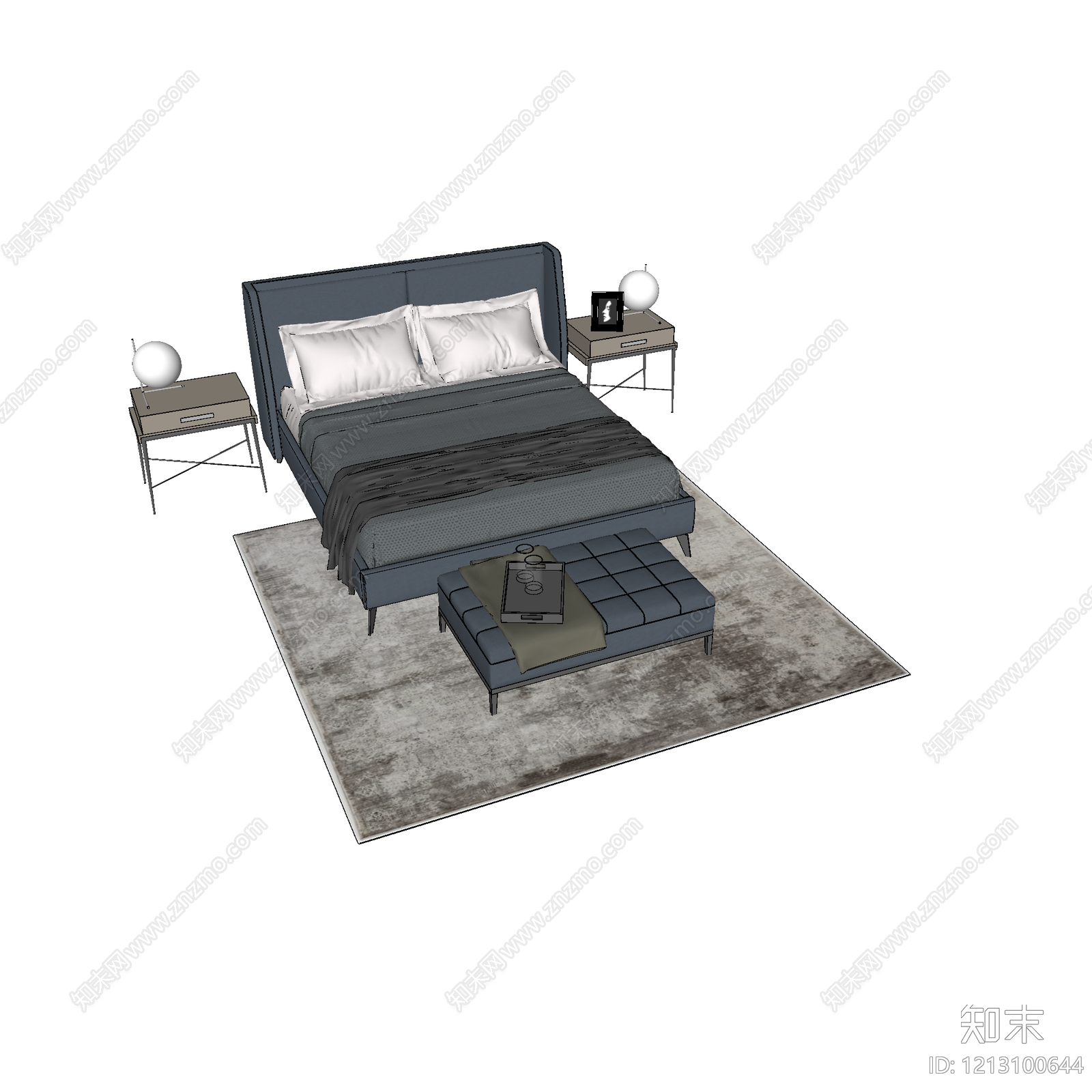 现代简约双人床SU模型下载【ID:1213100644】