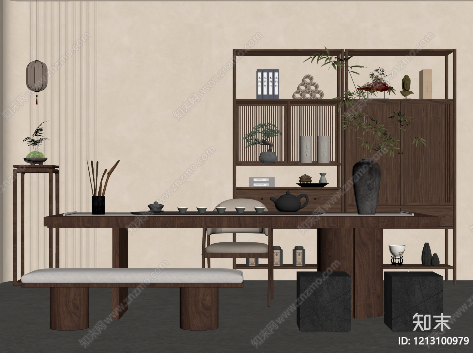 新中式茶室SU模型下载【ID:1213100979】