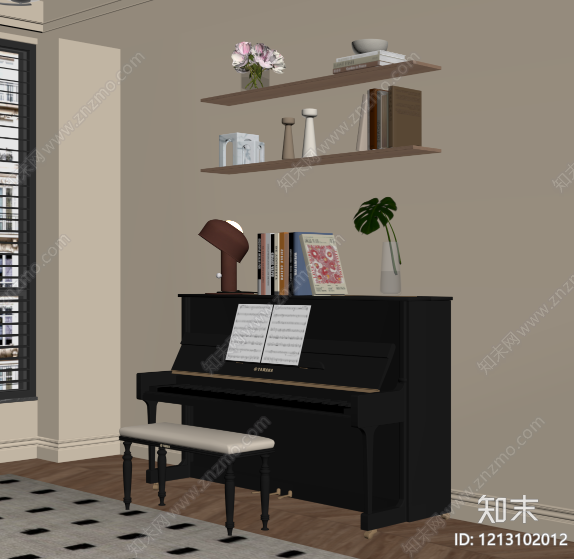 奶油风钢琴房SU模型下载【ID:1213102012】