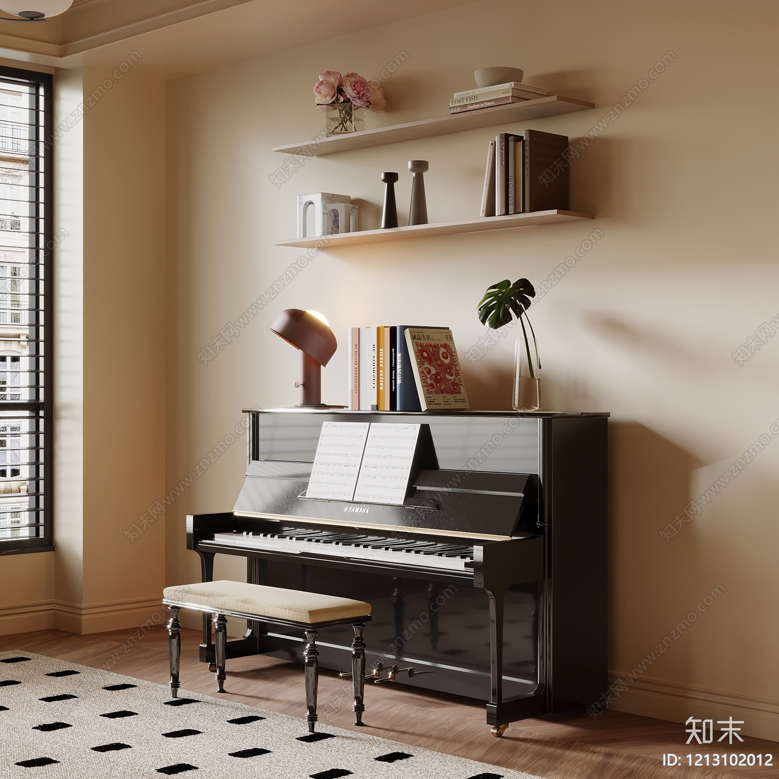 奶油风钢琴房SU模型下载【ID:1213102012】