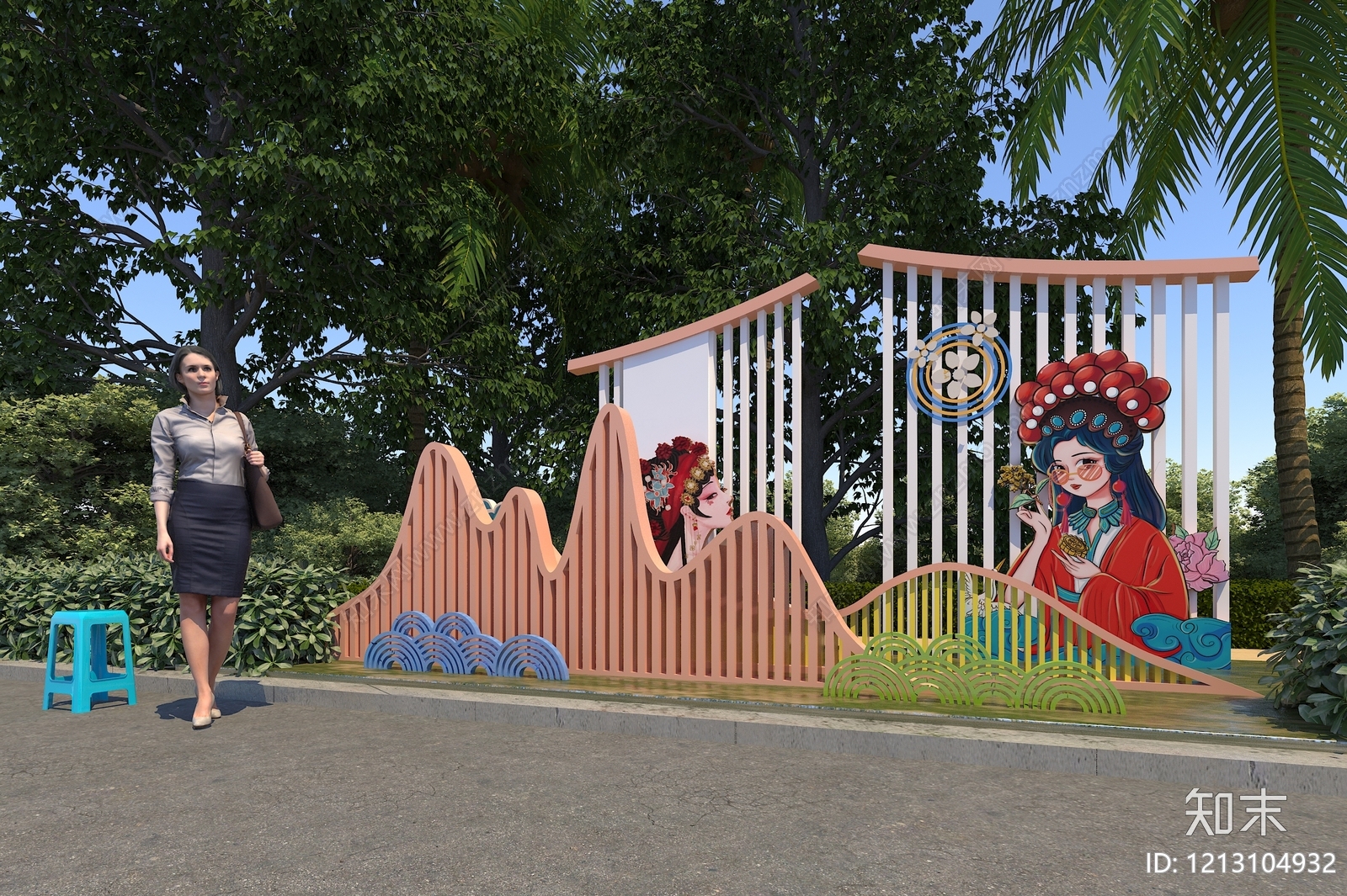 新中式国潮风公园绿地装置3D模型下载【ID:1213104932】