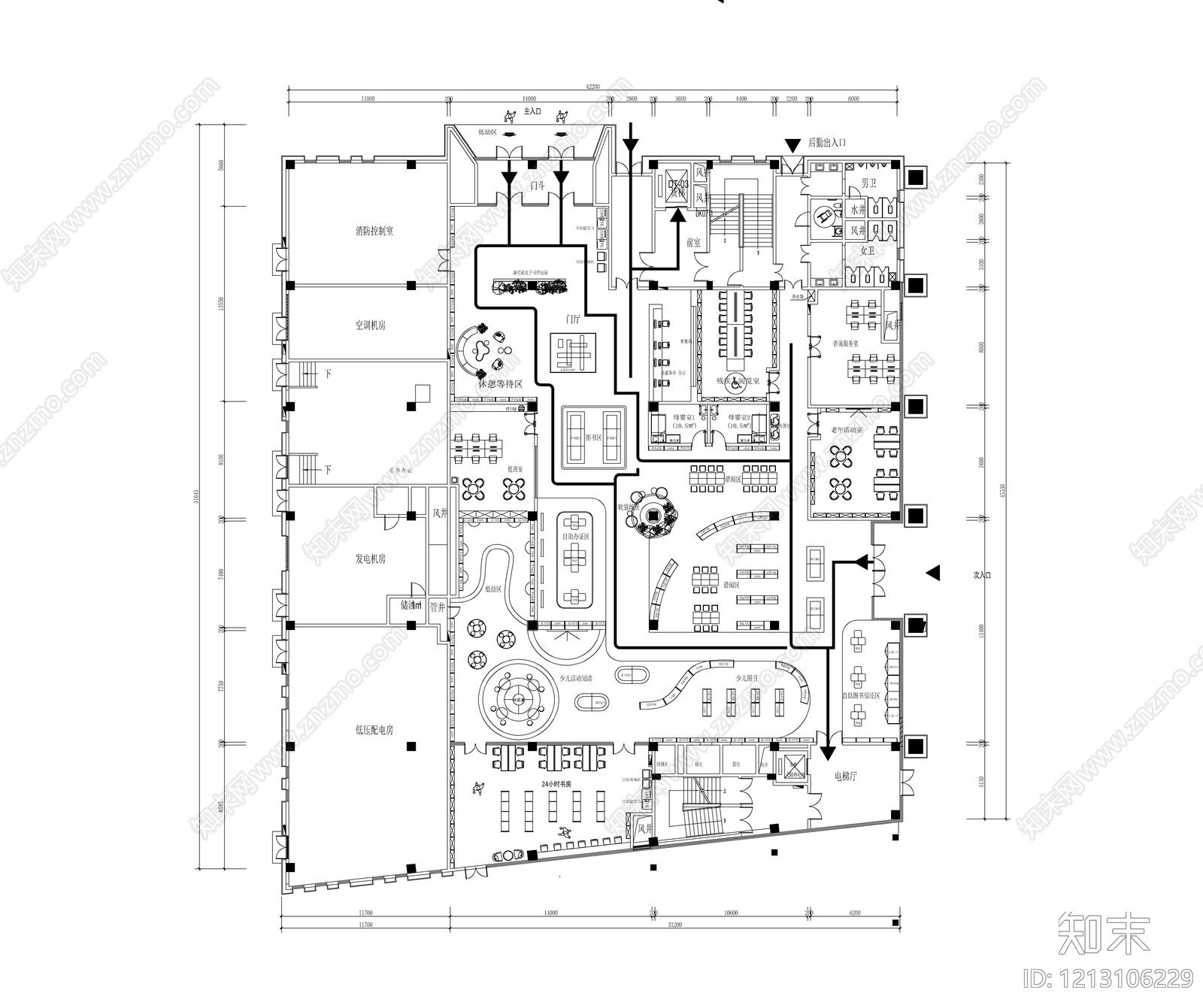 现代图书馆cad施工图下载【ID:1213106229】