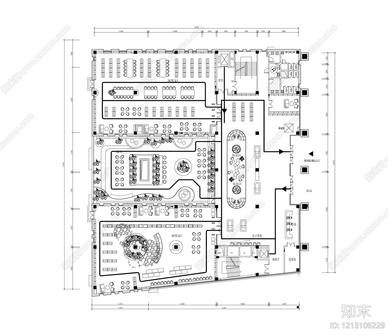 现代图书馆cad施工图下载【ID:1213106229】