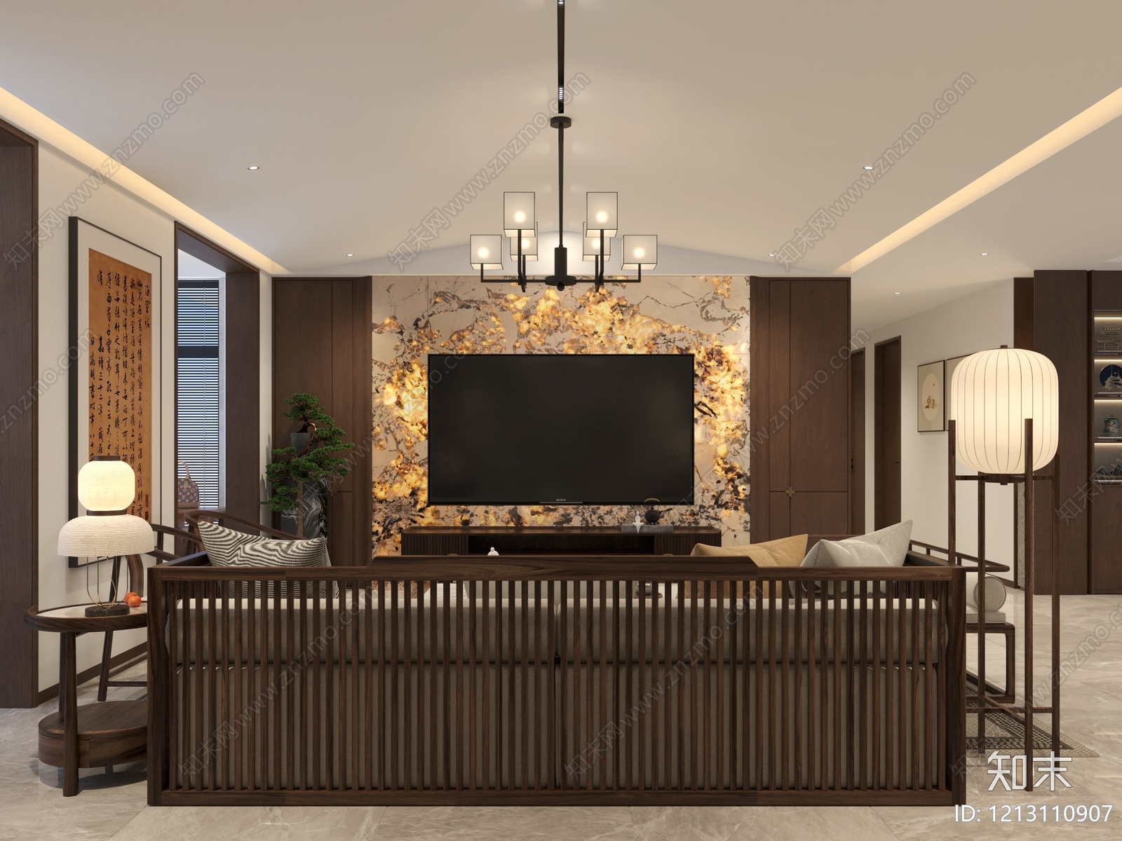 新中式大平层客餐厅3D模型下载【ID:1213110907】