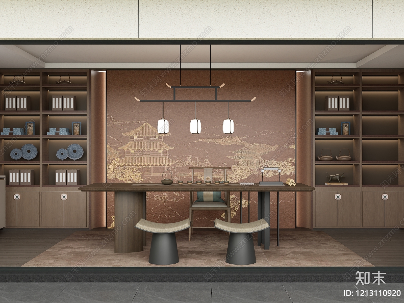 新中式茶室SU模型下载【ID:1213110920】