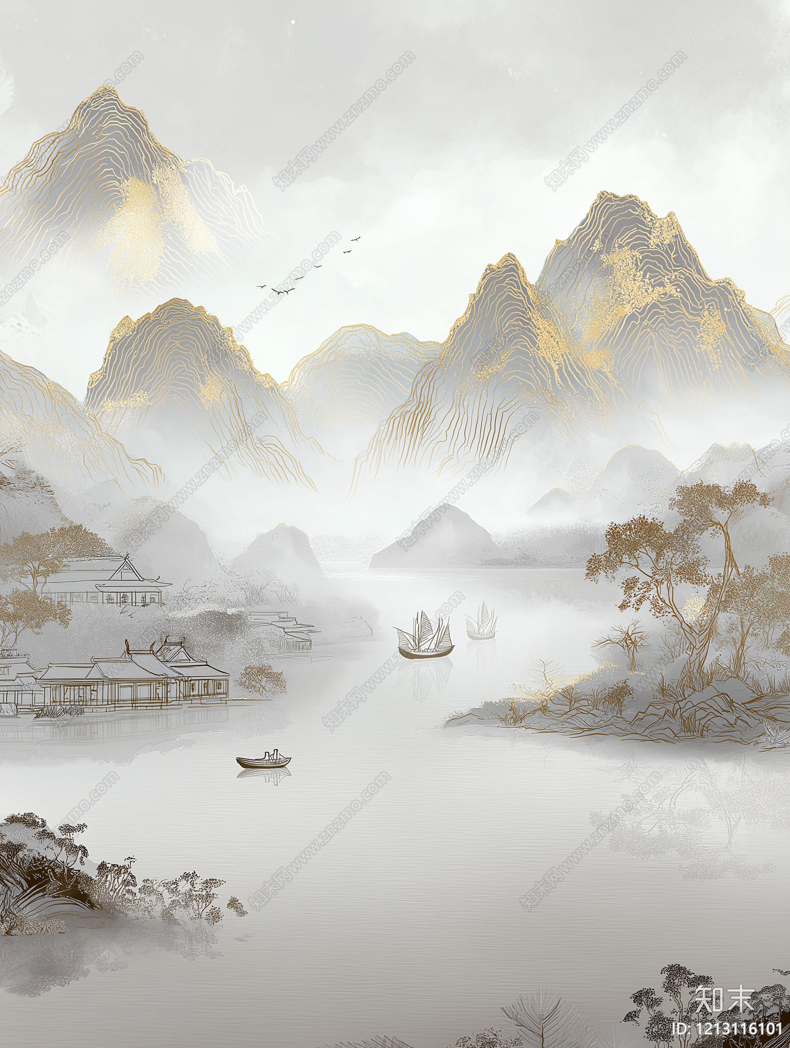 新中式山水画贴图下载【ID:1213116101】