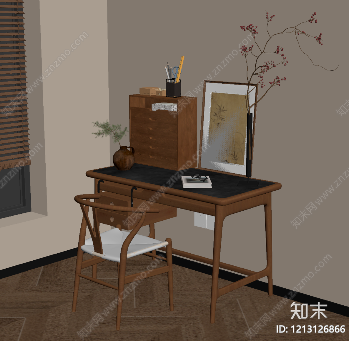 新中式书桌椅SU模型下载【ID:1213126866】