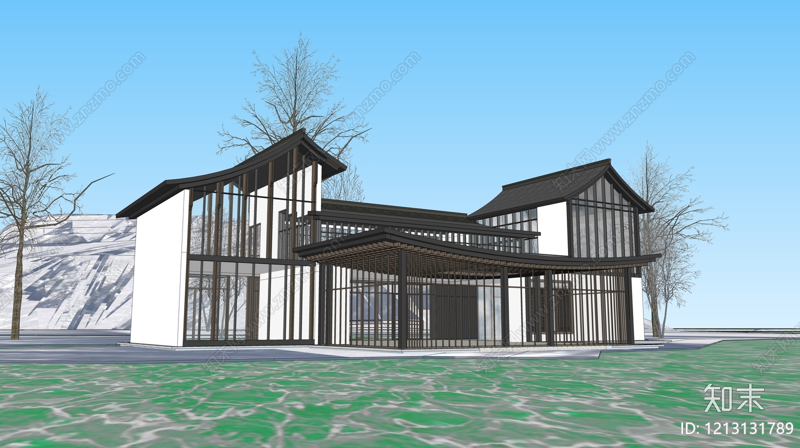 新中式售楼处建筑SU模型下载【ID:1213131789】