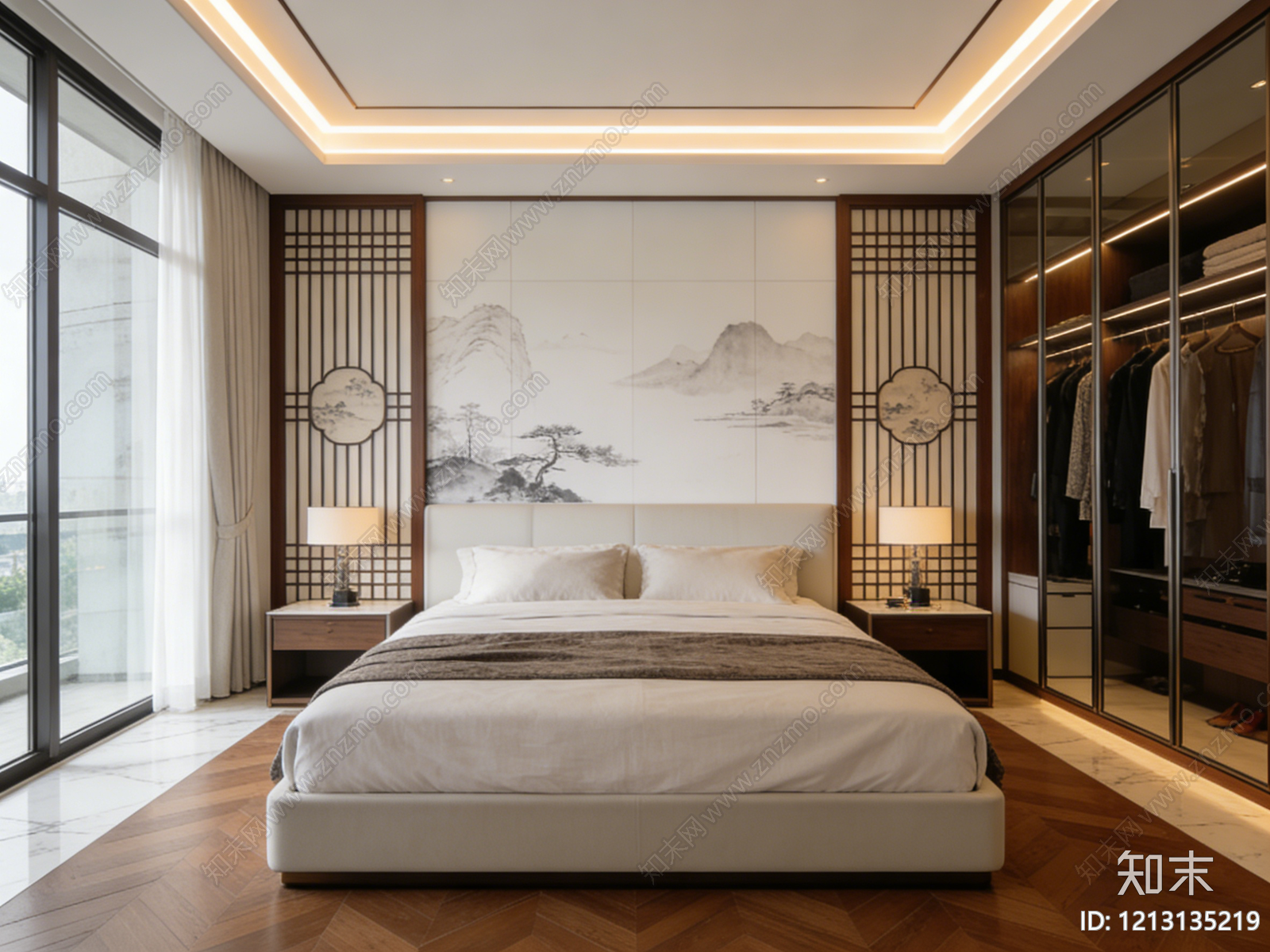 新中式现代卧室贴图下载【ID:1213135219】