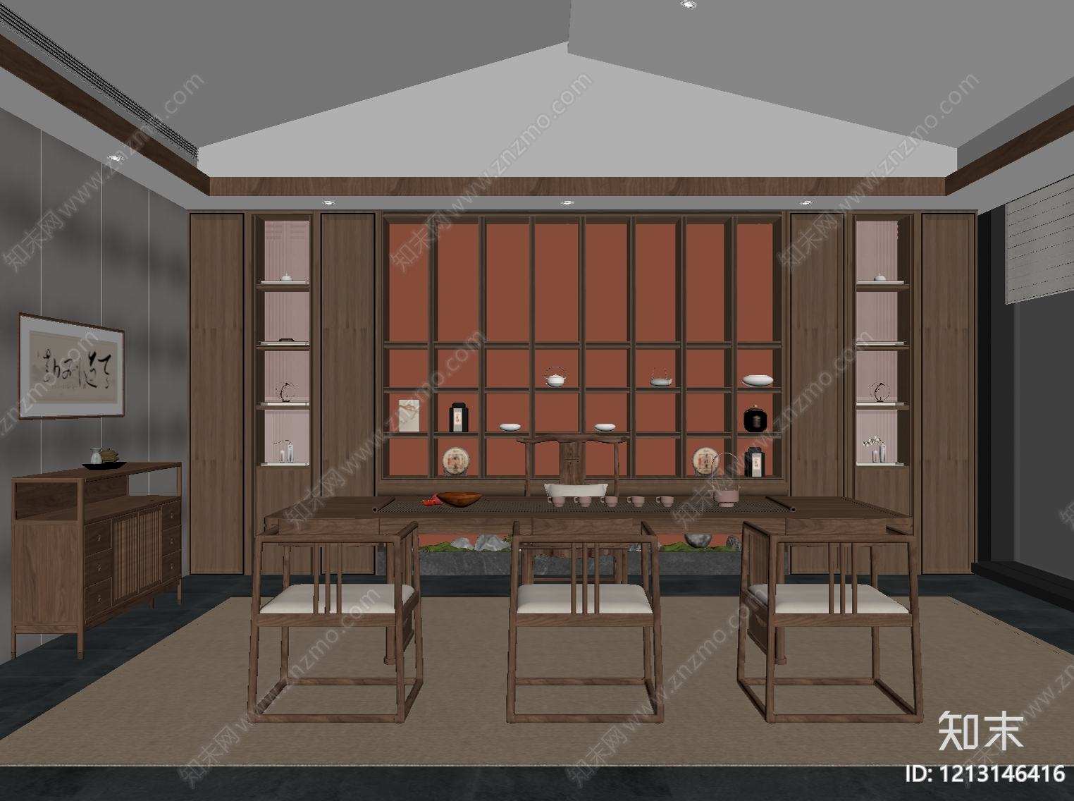 新中式茶室SU模型下载【ID:1213146416】