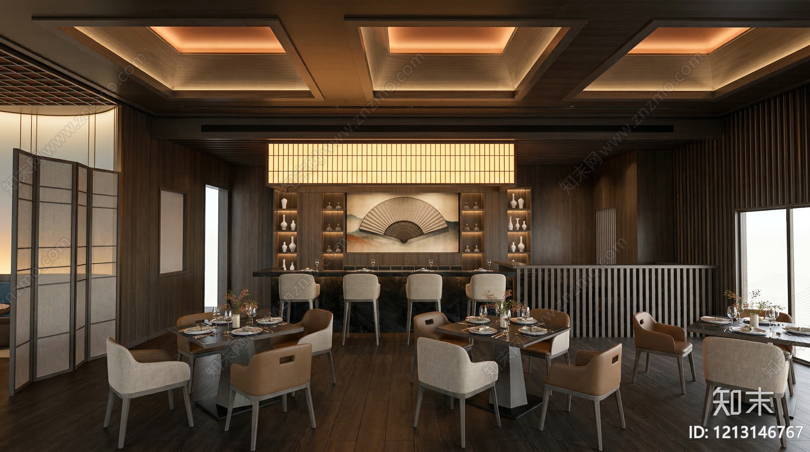 日式酒店餐厅SU模型下载【ID:1213146767】