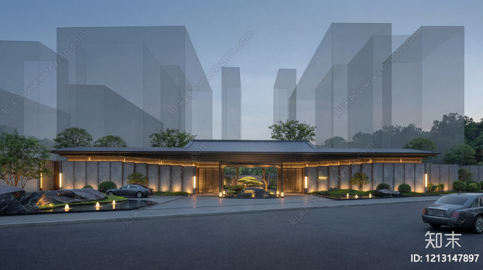 新中式售楼处建筑SU模型下载【ID:1213147897】