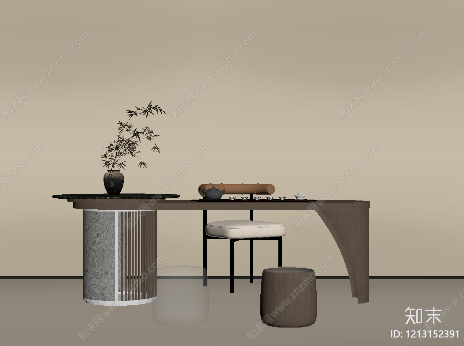 新中式茶桌椅SU模型下载【ID:1213152391】
